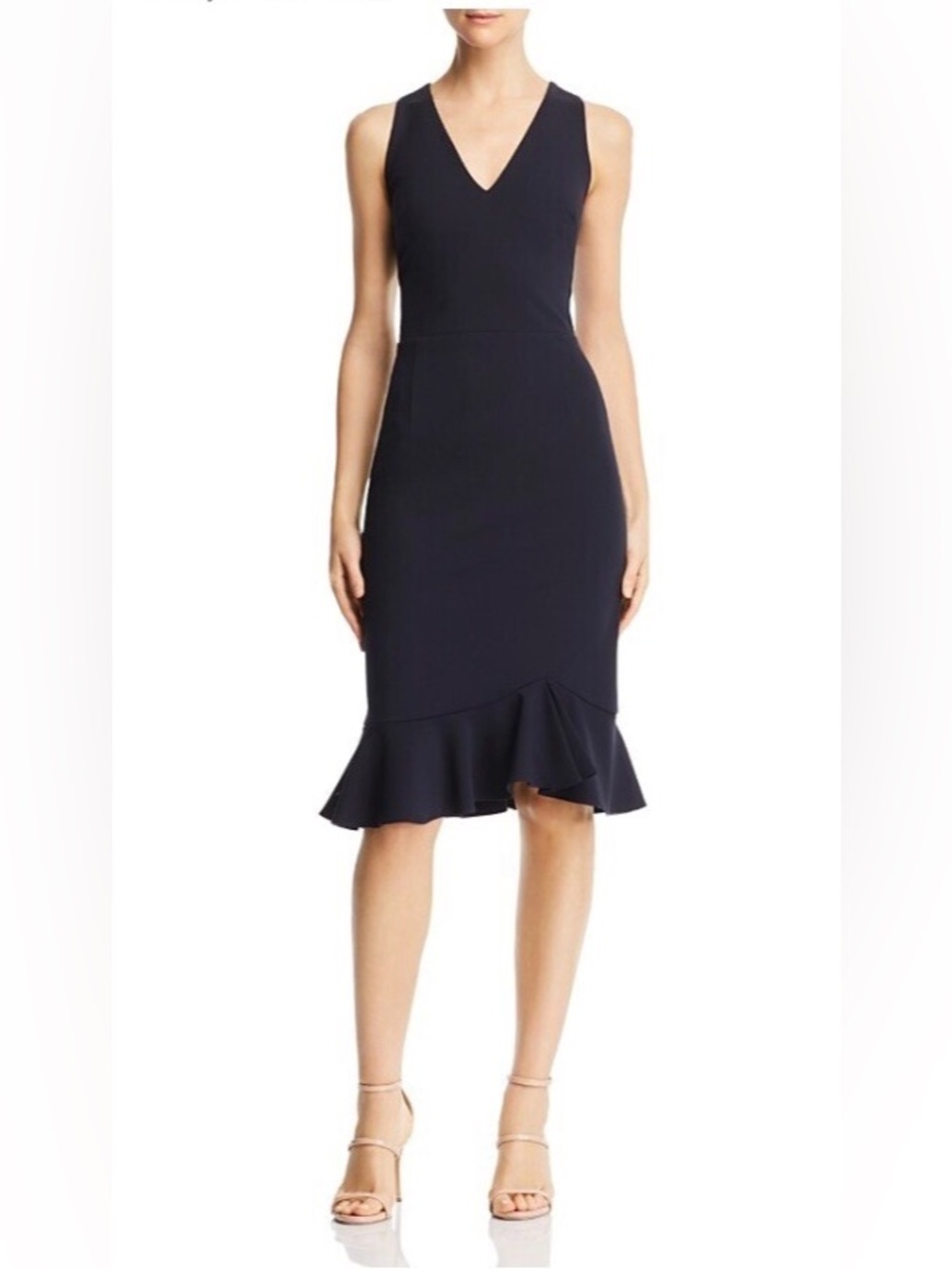 Betsey Johnson Navy Blue Flounce Scuba Sleeveless Cocktail Midi Dress Size 8